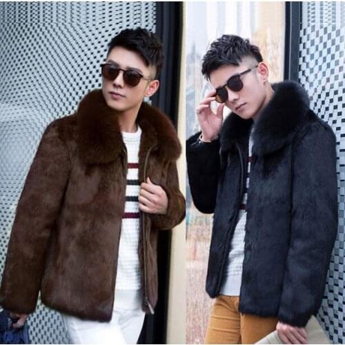 Brown detachable fur collar Faux Rabbit fur coat mens leather jacket men overcoat warm Villus autumn winter thermal outerwear