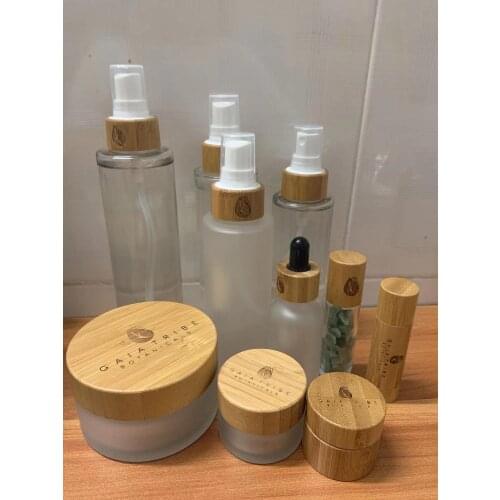 Cosmetic body lotion 150 ml glass bottle bamboo pump cap essential oil bottle Frosted Glass Lotion Bottle cosmetic glass bottle