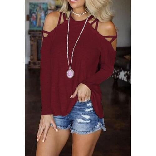 Red Off-Shoulder Casual T-shirt Women O-Neck Bandage Cross Long Sleeve Tops 2021 Korean Fashion Elegant Plus Size Loose Clothing