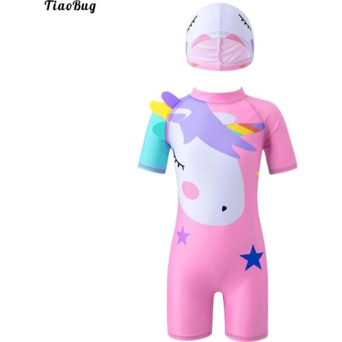 TiaoBug Summer Kids Girls Cartoon Print Swimwear One-Piece Zipper Back Short Sleeve Swimsuit With Hat Bathing Pool Beach Suit