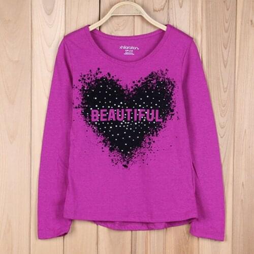 Summer Fashion Girls T-Shirts Printed Love Heart and Word BEAUTIFUL,Violet Shirts for Children New Girls Tops 5-14 Yrs