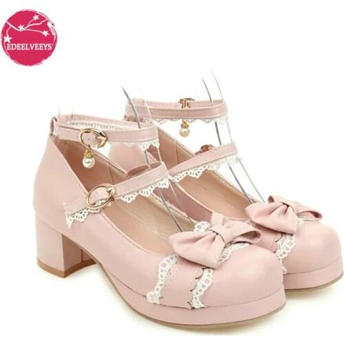Sweet Lolita Princess Mary Janes Shoes Bowtie Lace Ruffles Cross Tied Strappy Cosplay Uniform Pumps Women Wedding Party Girls