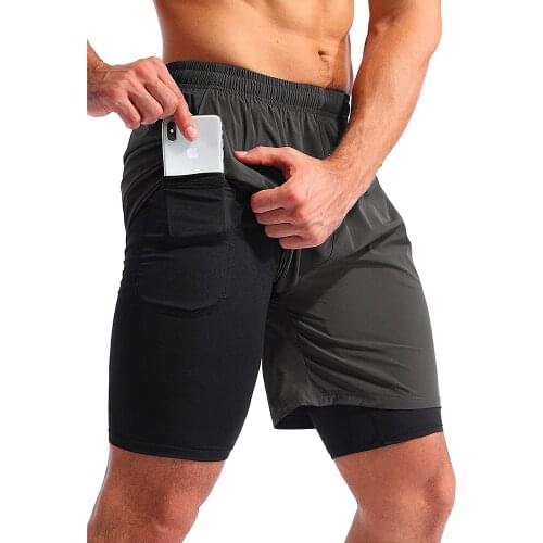 Men Dual Layers Jogging Short with Inner Pocket Quick Dry Lightweight Drawstring Elastic Trunks Loose Casual Workout Short Pants