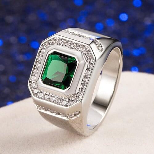 Square Green Zircon Emerald Gemstones Diamonds Rings for Men 18k White Gold Silver Color Jewelry Bague Finger Bands Accessories