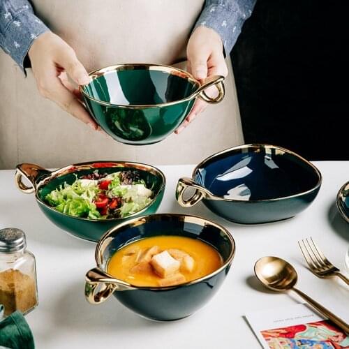 European-style ceramic bowls and plates set golden trims tableware breakfast dessert oatmeal oatmeal bowl dinner plates