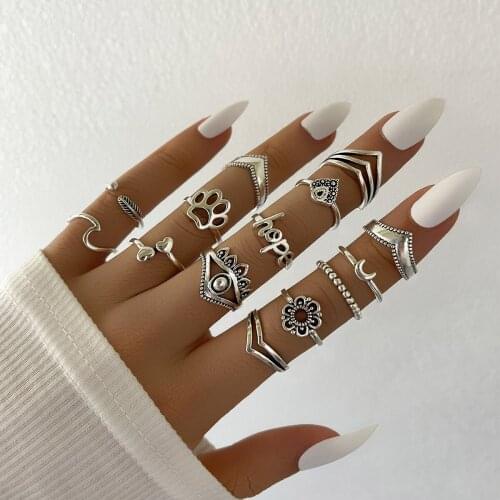 Aprilwell 14 Pcs Vintage Metal Silver Color Ring Set for Women Gothic Evil Eye Kpop Aesthetic Heart Letter Anillos Jewelry Aneis
