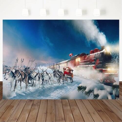 Christmas Photography Background Santa Claus Reindeer Gift Train Snowfield Backdrop Family Photo Party Decoration Props Studio