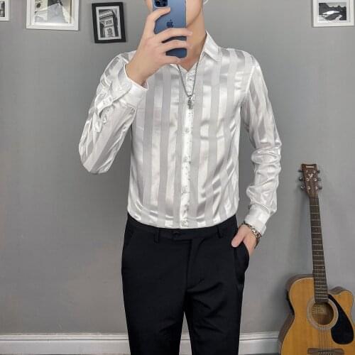 Fashion 2021 New Long Sleeve Striped Shirt Men Clothing Simple All Match Slim Fit Casual Night Club Tuxedo Chemise Homme 2Colors