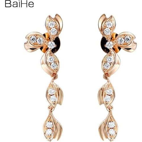 BAIHE Solid 14K White Gold 0.20ct H/SI Round Natural Diamonds Earrings Wedding beautiful Flower leaf Stud Earrings for Women