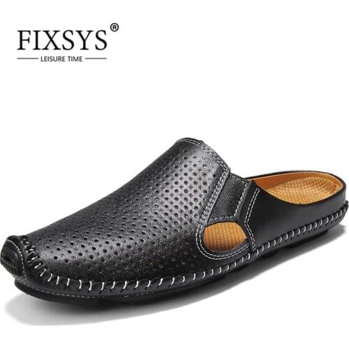 FIXSYS Summer Leather Men Slippers Hollow Breathable Half Shoe Lightweight Man Mules Outdoor Anti-slip Half Loafer Casual Slides