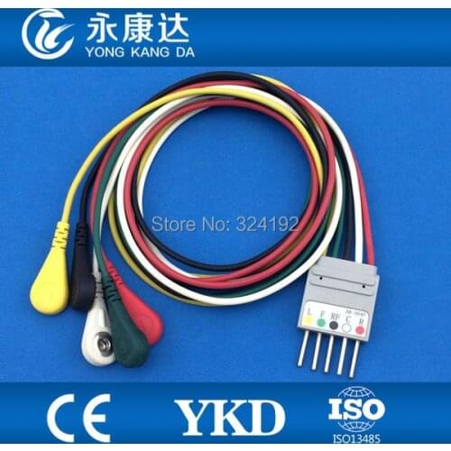 Compatible Nihon Kohden BR-004P one-piece holter ecg cable,5-lead ecg leadwires,IEC/snap
