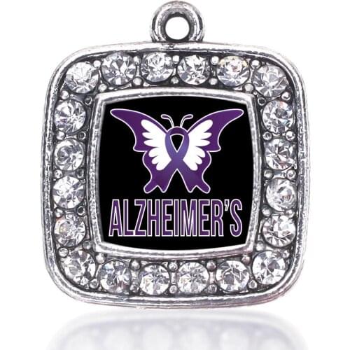 ALZHEIMERS AWARENESS SQUARE CHARM ANTIQUE SILVER PLATED CRYSTAL JEWELRY