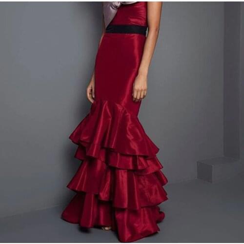 Wine Red Mermaid Skirt Tiered Ruffles Floor Length Satin Maxi Skirts Women Burgundy Ruched Prom Gown Party Skirt Custom Made