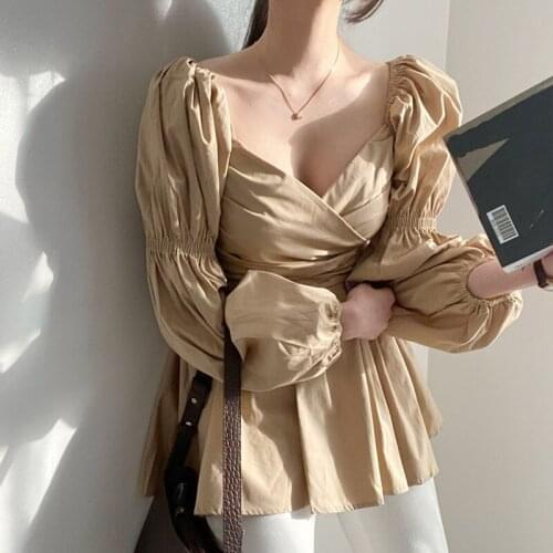 ZAWFL Patchwork Ruffle Lace-Up Bowknot Shirt For Women V Neck Puff Sleeve High Waist White Blouse Female 2021 Fashion New Stylis