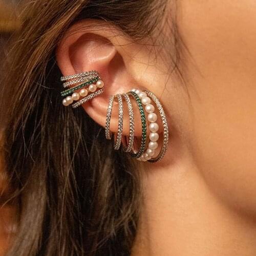 SLJELY Women Luxury 925 Sterling Silver White & Green Zirconia Multi Hoop Ear Cuff with Pearls No Pierced Clip Earring One Piece