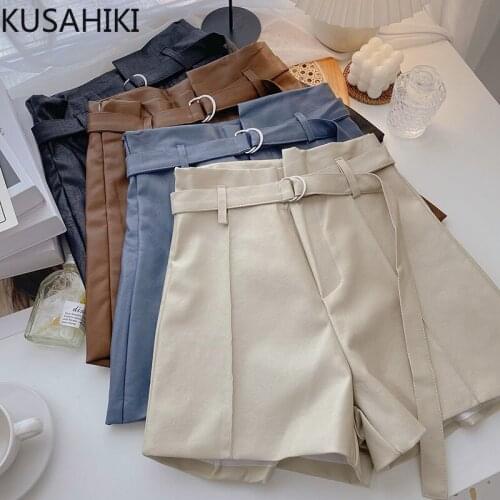KUSAHIKI Elegant PU Leather Shorts Women 2021 Autumn New Korean Belt High Waist Bottoms Causal Wide Leg Short Feminimos 6L585