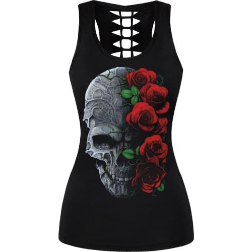 Sleeveless Sexy Tank Top Women Flower Skull Print Black Vest Tops 3D Print Gothic Camisole Sexy Print Vest Tanks Tops