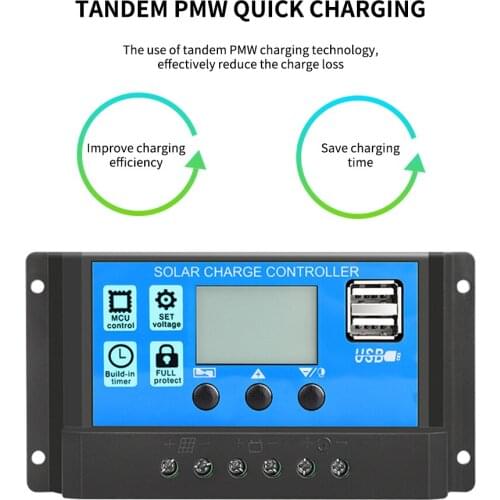 10A 30A Solar Charge Controller Auto PWM 5V Output Regulator PV Home Battery Charger LCD Dual USB