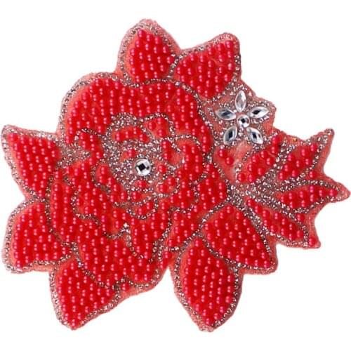 10piece Red Beads Floral Hot Fix Motif Rhinestones Melt Adhesive Crystal Applique Clothes Decorative Sewing Accessories T2302