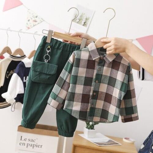 Baby Clothing Sets Kids Plaid Shirt Tops+Trousers 2PC Autumn New Child Boys Cargo Pant Toddler Baby Casual Big Pocket Long Pants
