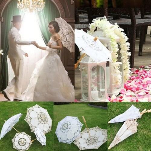 2021 Wedding Umbrella Bride Cotton Lace Wooden Handle Embroidered European-Style White Beige Photography Props Decoration