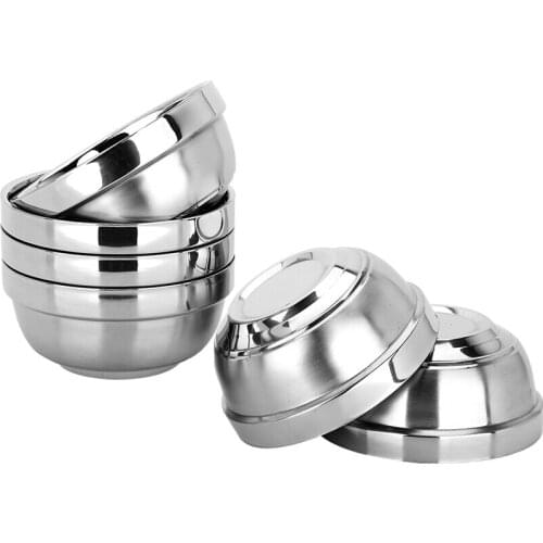 6 Stainless Steel Bowls Thickened Double-layer Heat Insulation Anti-scald Deepened Tableware Anti-fall Rice Bowl Set