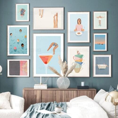 Abstract Diving Bathtub Coffee Girl Canvas Painting Nordic Pool Party Poster Swim Wall Art Print Decor Pictures for Living Room