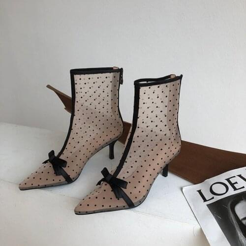 Fashion Women Ankle Boots Pointed Toe Short Botas Pointed Toe Bow Design Thin Low Heels Back Zipper Fashion Boots Air Mesh Boots