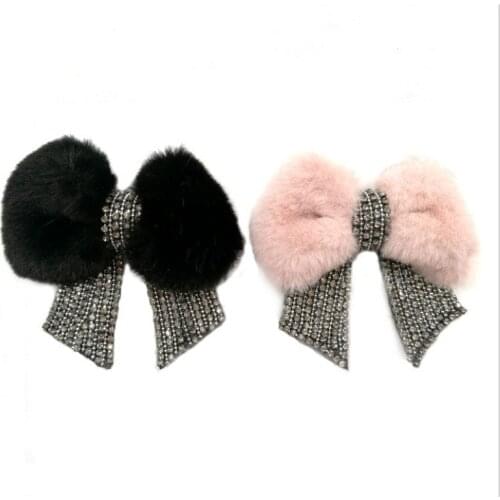 New 1pcs Rhinestone fur bow tie Embroidery Fabric Applique Patch African Sew Dress Cloth bag shoes Decorate Accessory DIY