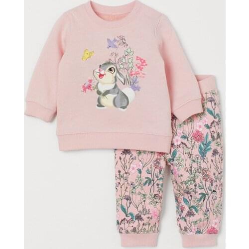 2021 European Autumn 2-7T Girls 2PCS Set Cartoon Rabbit Print Cotton Sweatshirt Top+ Print Pant Toddler Kids Clothes