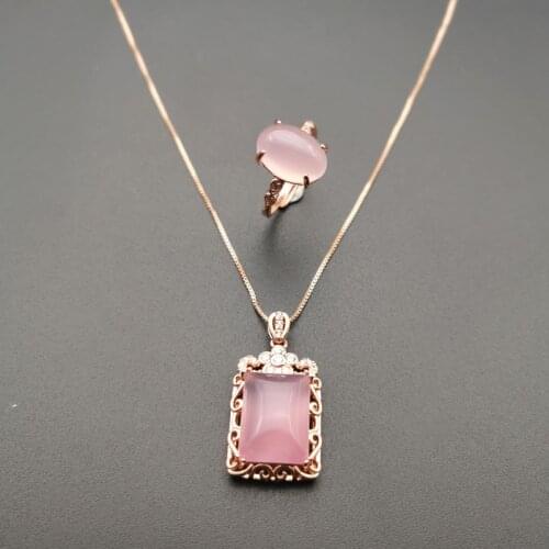 Jadery Charm Rose Gold 925 Sterling Silver Jewelry Sets Natural Pink Chalcedony Jade Gemstone Ring/Necklace Party Fine Jewelry