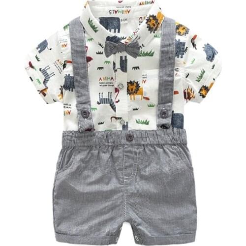 New Born Clothing Baby Boy Girl Animal Short Sleeve T-Shirt Tops+Grey Plaid Short Pants Outfit Casual Outfit Kids Rompers Sets