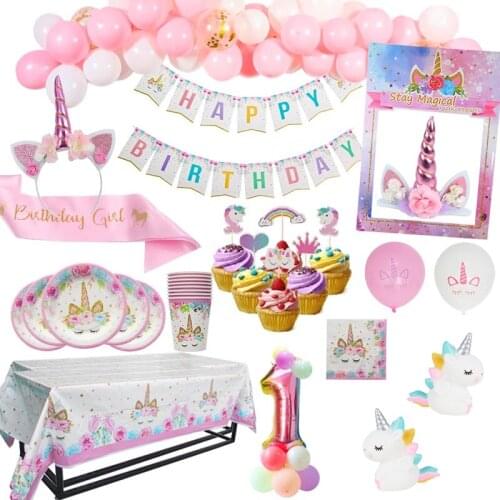 Unicorn Party Supplies Disposable Plates Tablecloth Cup Banner Cake Topper Kids First Birthday Decor Baby Shower Decorations