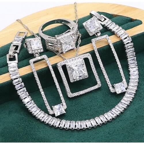 Luxury White Zircon 925 Silver Jewelry Set For Women Bracelet Long Earrings Necklace Pendant Ring