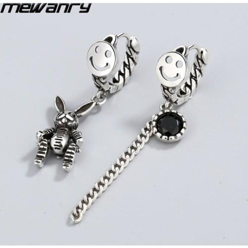 Mewanry 925 Sterling Silver Drop Earrings for Women Asymmetric Zircon Smiley Rabbit Jewelry Party Birthday Gifts Prevent Allergy