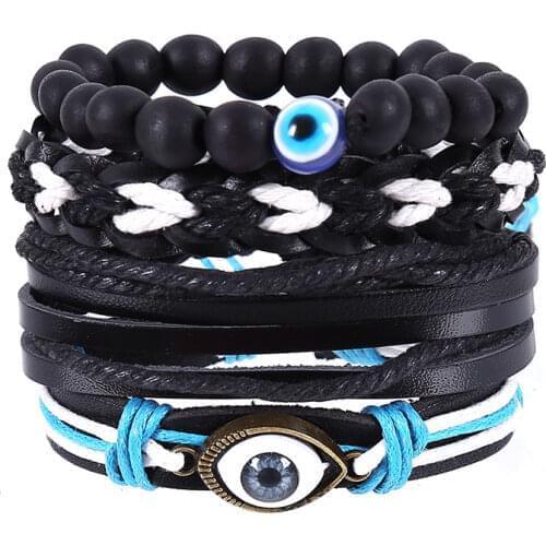 Vintage Leather Wrap Bracelets for Mem Lucky Turkish Evil Eye Charm Bracelets Men Rope Braided Wristband Beads Charm Braclet New