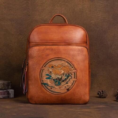 Vintage Hand-carved Genuine Leather Women Backpack 2021 Winter Retro Soft Cowhide Large Capacity Travel Bags Laptop Backpacks
