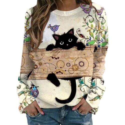 Women O Neck Hoodie Jacket Casual Sweatshirts Fashion Tie-Dye Cat Print Outerwear Sport Spring Autumn Long Sleeve Tops Pullover