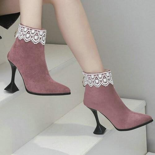 2021 Women Ankle Boots Faux Suede Pointed Toe Thin High Heel Ladies Short Boots Back Zipper Dress Womens Boots Big Size 45