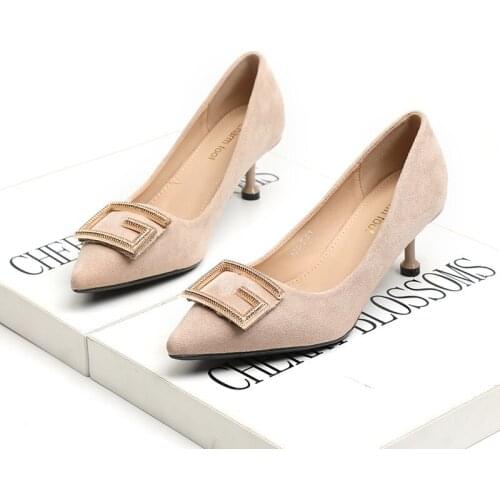 2019 spring and summer new Korean high-heeled womens fine with pointed suede G-button sexy wild shallow mouth single shoes