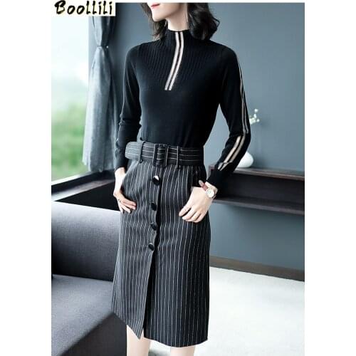 Boollili 2 Piece Set Women Spring Autumn 2020 Black Sweater Set Elegant Skirt Womens Two Piece Sets Skirts Outfit Ensemble Femme