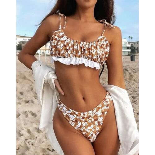 2021 Harajuku Summer Beach Floral Print Women Bikini Set Ruffles Lace Up 2 Pieces Swimsuit Sexy Bikinis Femme Bathing Suit B270W