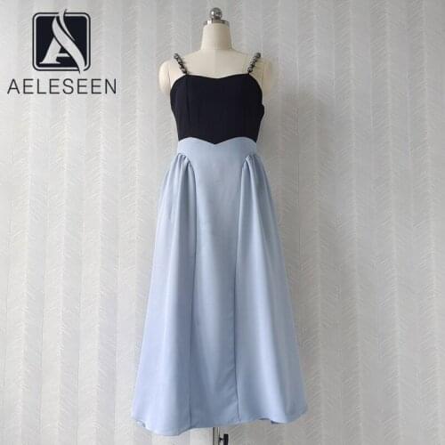 AELESEEN Summer Sweety Women Dress Luxury Spaghetti Strap Beading Patchwork Contrast Color Long Slim Elegant Party Dress
