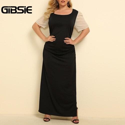 GIBSIE Scoop Neck Contrast Puff Sleeve Dress Women Black Elegant Shirred Bodycon Dresses Plus Size Party Split Maxi Long Dress