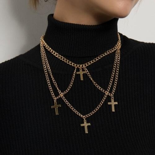 Vintage Punk Multilayer Alloy Cross Pendant Necklace for Women Geometric Thick Chains Tassel Sweater Necklace Jewelry Gift