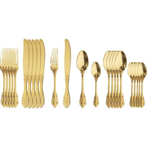 24Pcs Gold Cutlery Set Luxury Vintage Dinnerware Set Western Knife Fork Spoon Dinner Set 304 Stainless Steel Tableware Set