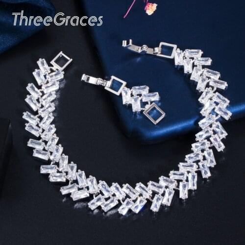 ThreeGraces New Brilliant Cubic Zirconia White Gold Color Stone Leaf Shape Bracelets Bangle Jewelry Bridal Wedding Gift BR119