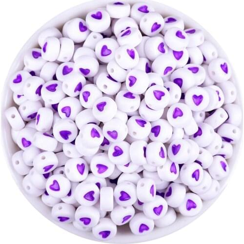 4*7mm White Purple Heart Letters Alphabet Acrylic Round Beads For Jewelry Making DIY Bracelet 100pcs/lot