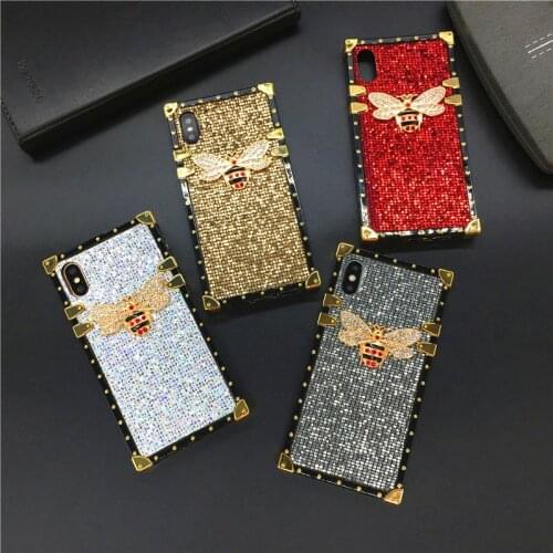 Luxury Bling Bee Case For iPhone 12 PRO X XS Max XR Brand Square Glitter Cover Phone Cases for iphone 11 PRO MAX 7 Plus 8 6 6S