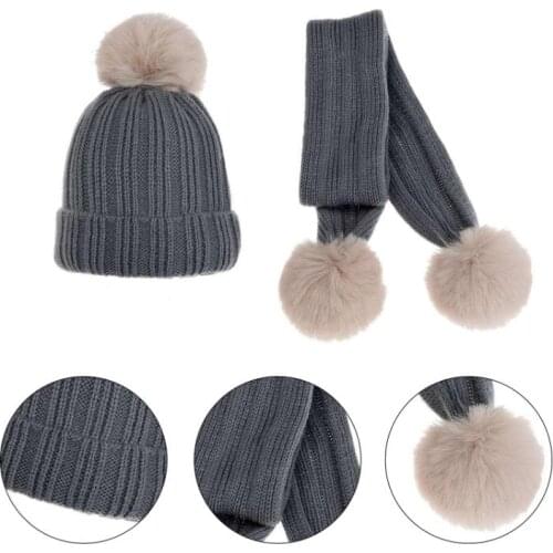 Kids Winter Warm Knitted Ribbed Striped Pompom Cuffed Hat and Long Scarf Set Y1QD